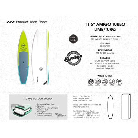 POP 11'6 Amigo Turbo Chartreuse/Turquoise Tech Sheet