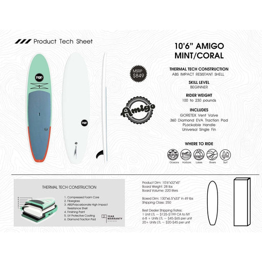 POP 10'6 Amigo Mint/Coral Rigid Paddleboard Tech Sheet